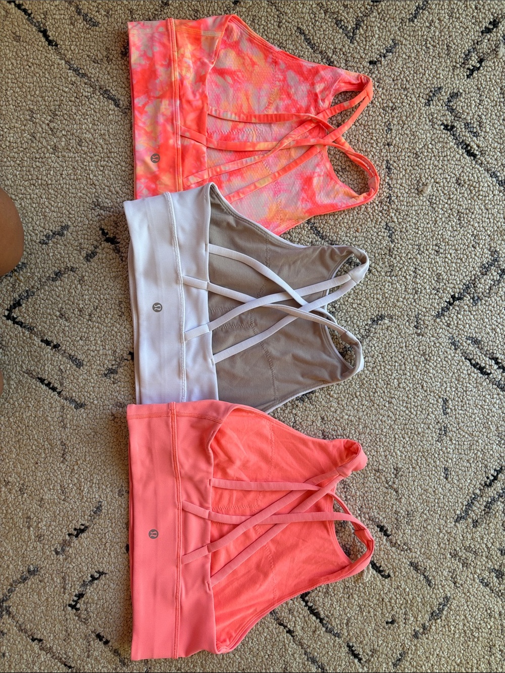 lululemon set  Sports Bras - Coral, Gray, Neon Coral Tie-Dye set of 3 Sz 8